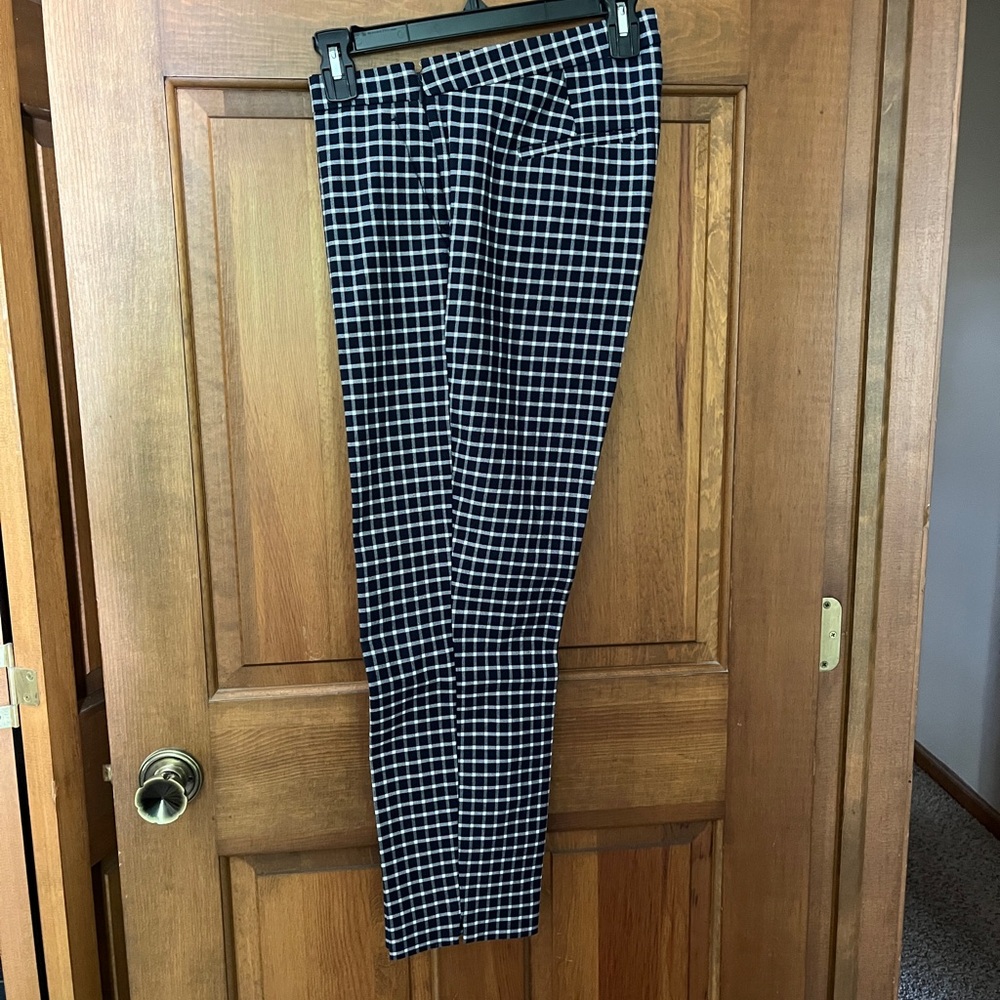 Blue and White Windowpane Plaid Slim Pants
